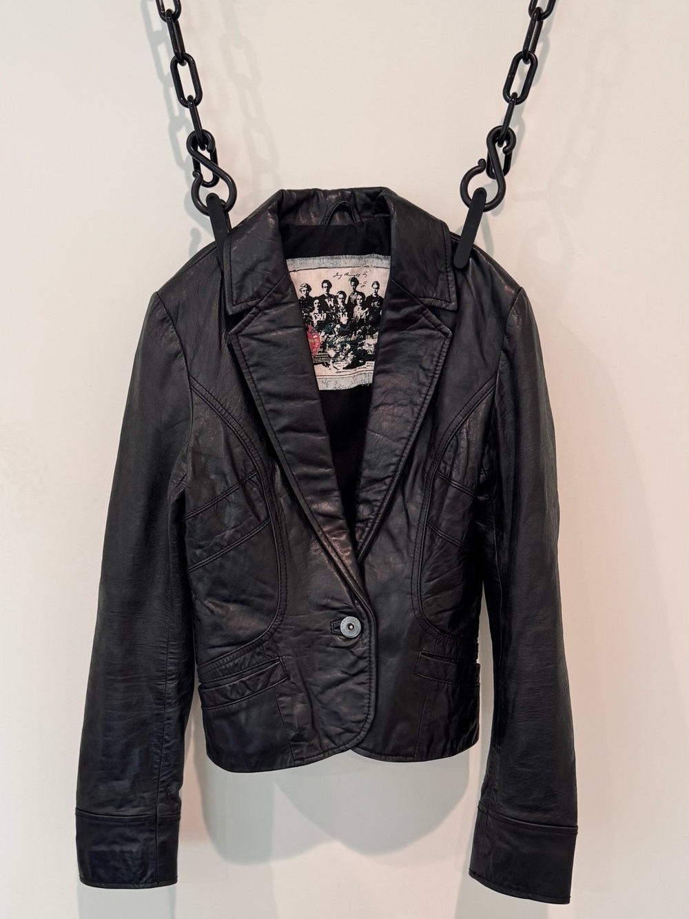 River Island Black Leather Jacket with Graphic Interior Patch